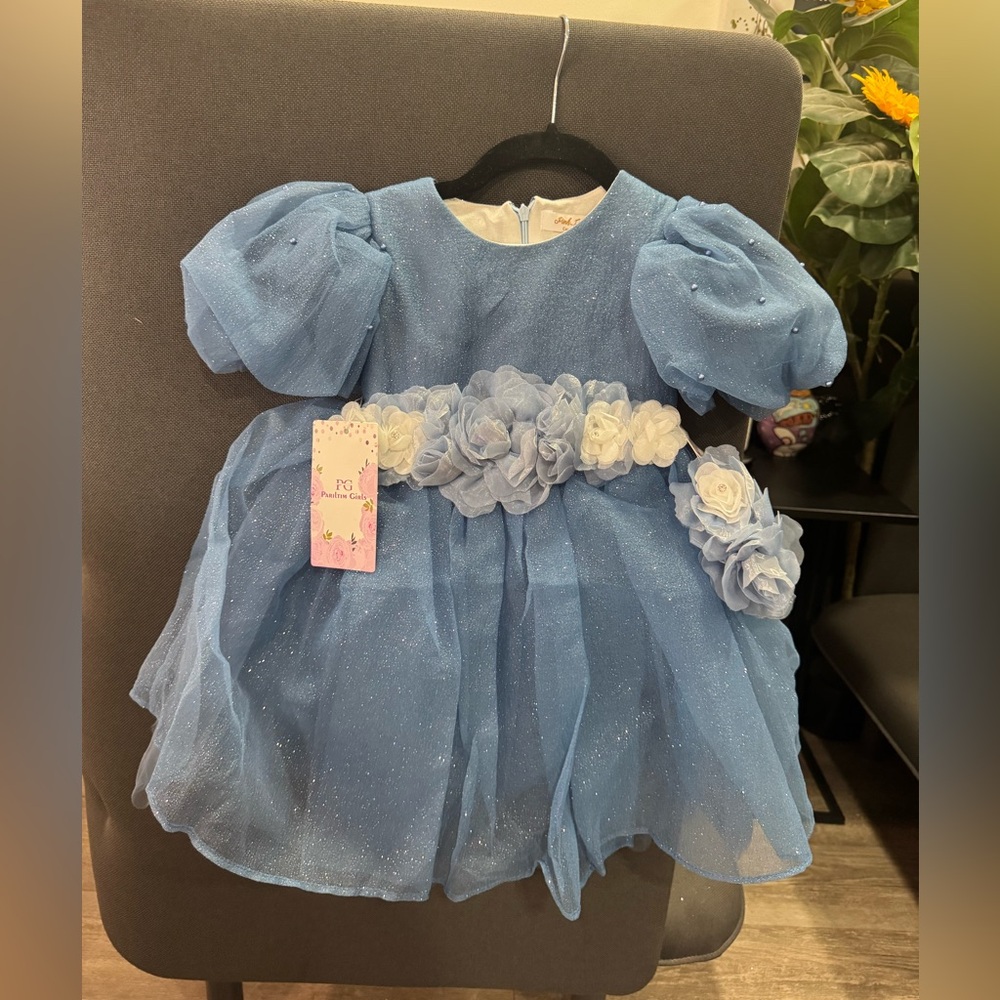 PINK GIRL Blue Sparkle Dress with Floral Belt